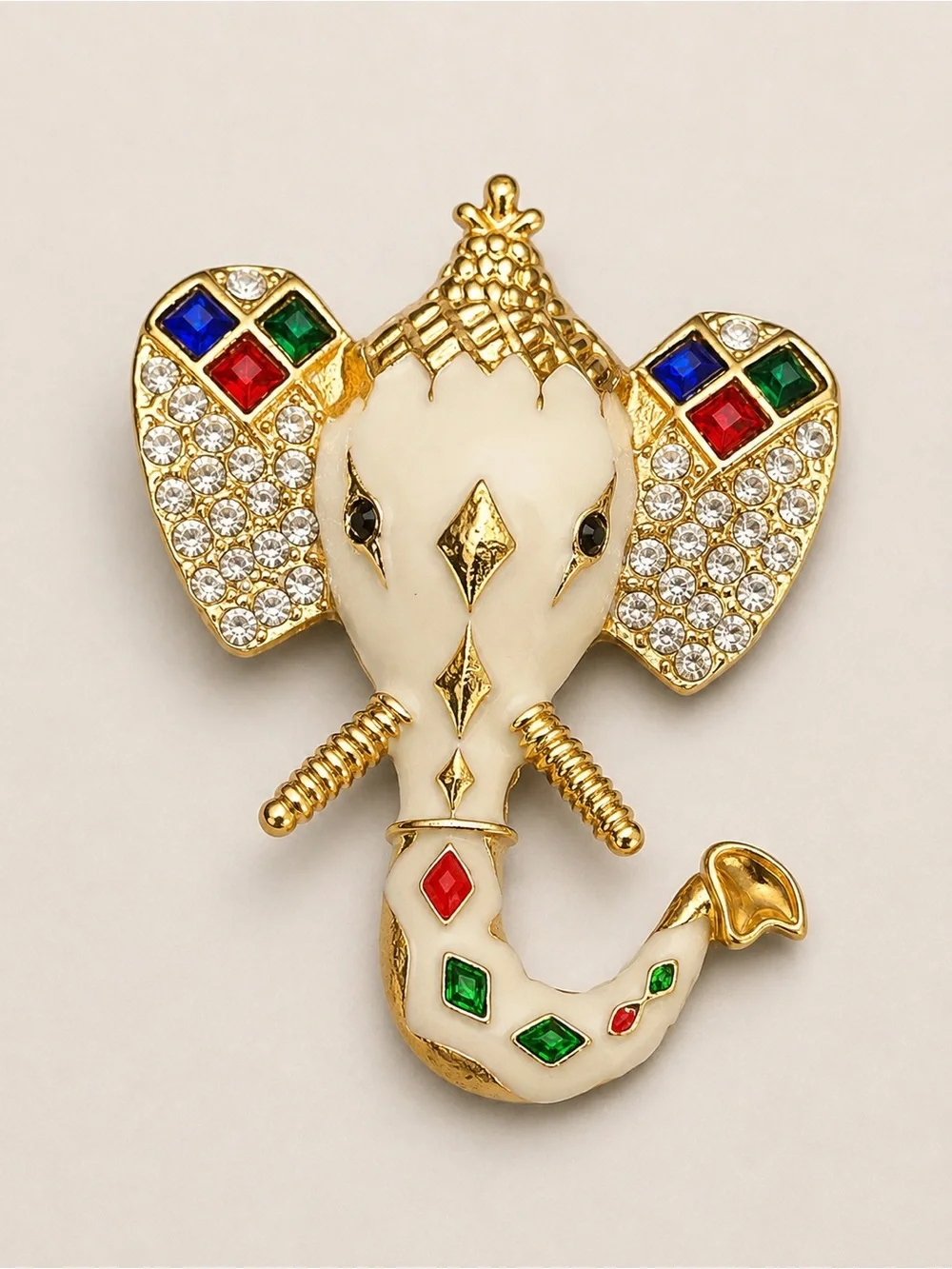 Gold Elephant Brooch with White Enamel and Multicolor Accents